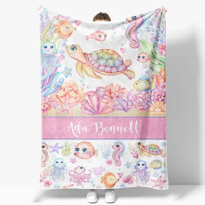 Aperturee Undersea Colorful Animals Custom Name Girl Blanket - Aperturee
