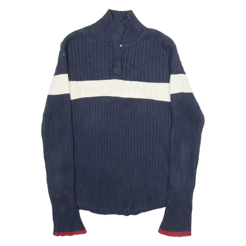 TOMMY HILFIGER Mens Jumper Blue Button Neck Tight Knit M