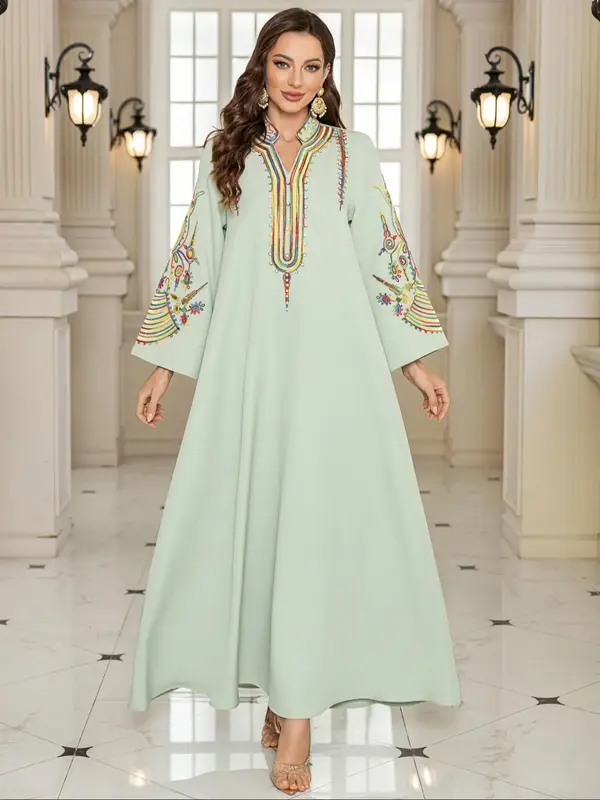 Women's Dress, Elegant Long Sleeve Dress for Vacation Holiday Daily Wear, Ladies Clothes for All Seasons, Embroidery Abaya