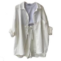 2025 New Summer Outfits Two-Piece Set Champray Lapel Long Sleeve Shirt High Waist Drawstring Shorts Fashion Casual Women's Cl...