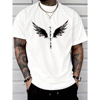 Cotton Short Sleeve  T-Shirt Men'S Angel Wings Japanese Calligraphy Print T-Shirt - Casual & Versatile Short Sleeve Crewneck,...
