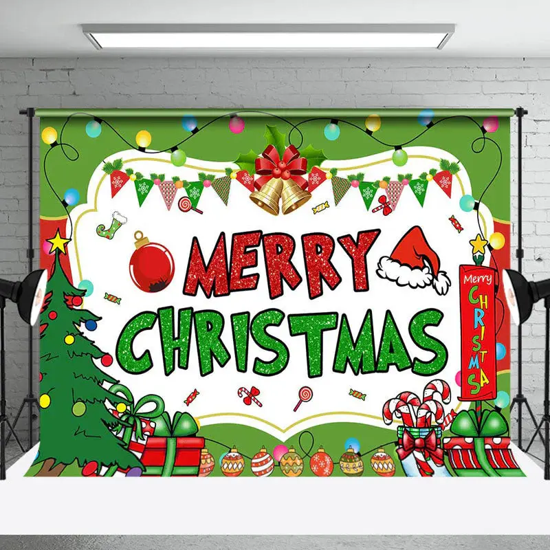 Aperturee White Green Tree Bell Gifts Merry Christmas Backdrop - Aperturee