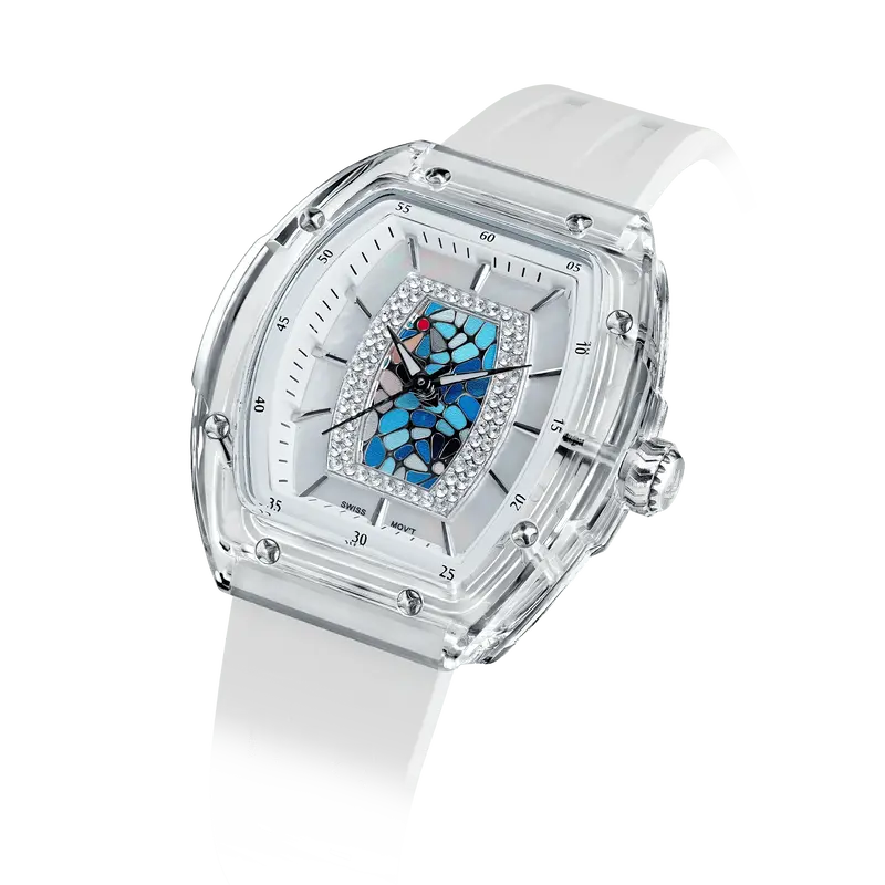 TSAR BOMBA Women's Quartz Watch | White Blue | Swiss Movement Wristwatch | Cubic Zirconia Mother of Pearl Dial | Waterproof S...