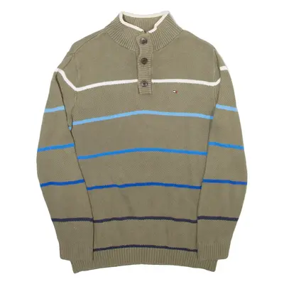 TOMMY HILFIGER Boys Jumper Green Striped Button Neck Tight Knit XL