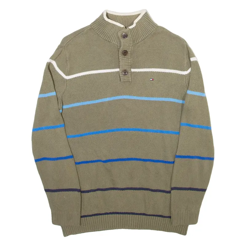TOMMY HILFIGER Boys Jumper Green Striped Button Neck Tight Knit XL