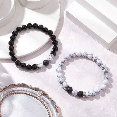 2Pcs Natural Black Onyx & Howlite Round Beads Stretch Bracelets