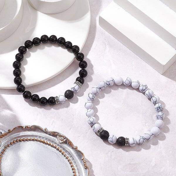 2Pcs Natural Black Onyx & Howlite Round Beads Stretch Bracelets