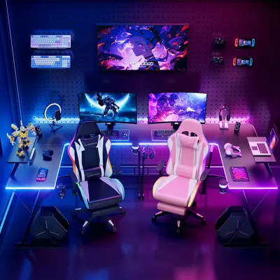 Mr IRONSTONE L Shaped Gaming Desk with Led Lights Corner Computer Desk,L Shaped Desk with Carbon Fiber Surface, Home Office D...
