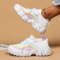 Leafage Women's summer lace-up sneakers with closed comfortable ankle socks for casual walking shoes White