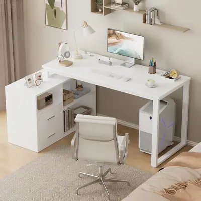 FURMAX 55 Inch L-Shaped Corner Computer Desk with File Cabinet, Power Outlet, Home Office Desk with 2 Drawers and 3 Storage S...