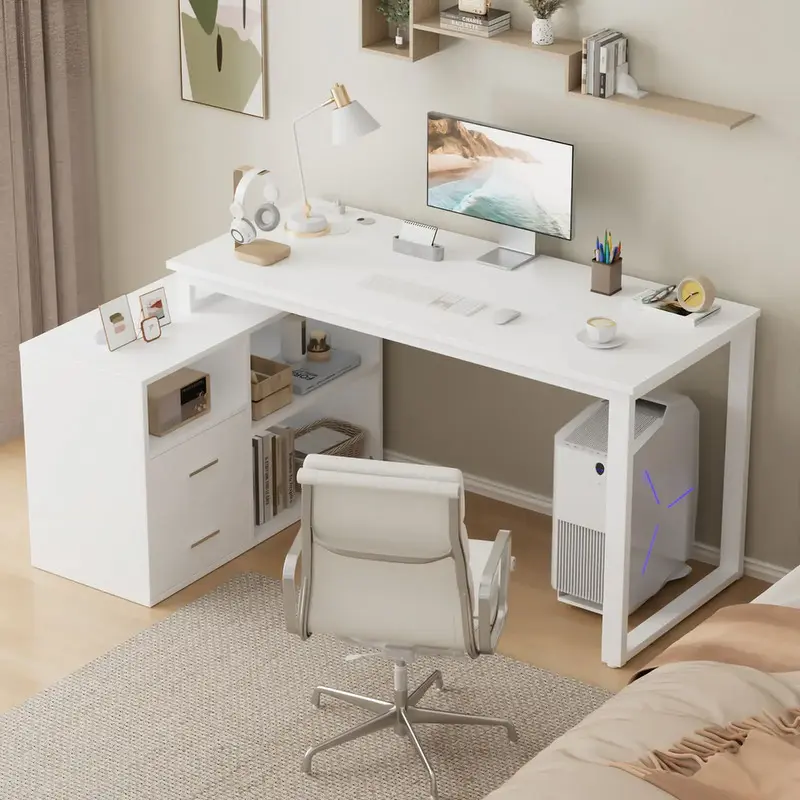 FURMAX 55 Inch L-Shaped Corner Computer Desk with File Cabinet, Power Outlet, Home Office Desk with 2 Drawers and 3 Storage S...