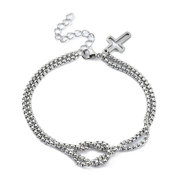 Tarnish Resistant 304 Stainless Steel Hollow Cross Charm Bracelet with Double Layer Box Chains