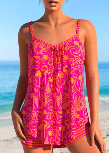 Modlily Bowknot Graffiti Print Hot Pink Tankini Set - XXL