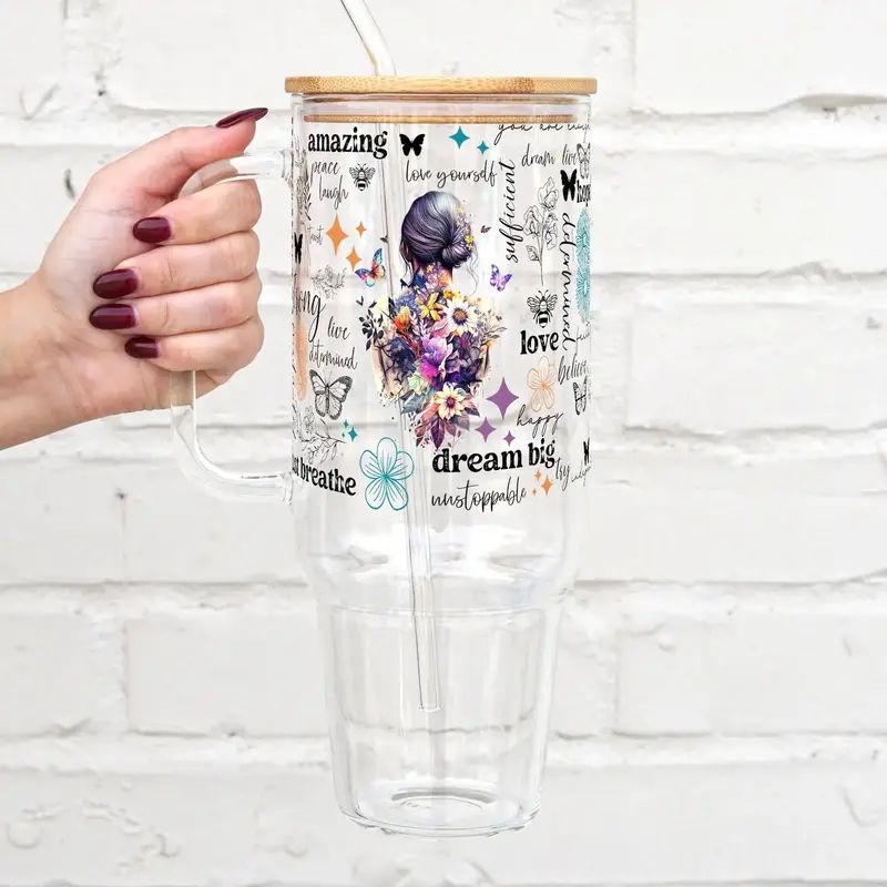 Sip-Sip Hooray! Positive Affirmations Inspirational Butterfly 16oz Glass Can Cup with Lid & Straw – Gift for Her, Birthday ...