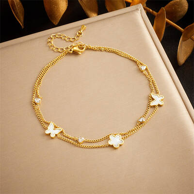 304 Stainless Steel Pave Natural Shell & Crystal Rhinestone Charm Double Layer Anklets for Women