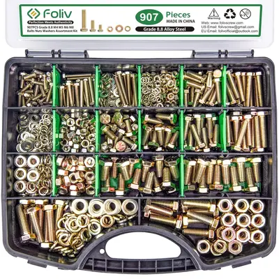 FOLIV 907/566/523 pcs Grade 8.8 Metric Bolt Assortment, M4 M5 M6 M8 Heavy Duty Bolts and Nuts Kit,Yellow Zinc Plated, Length ...