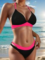Women's Colorblock Contrast Binding Bikinis Set, Tie Back Wireless Swim Bra with Removable Pads Design & Cut Out High Cut Swi...