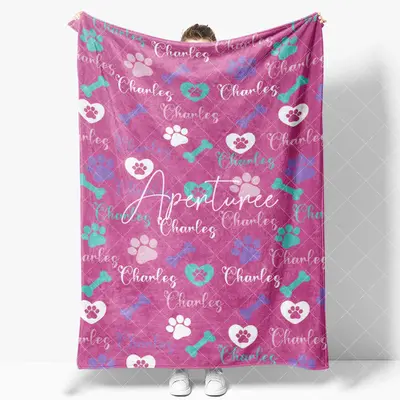 Aperturee Dark Pink Paw Print Bone Custom Pet Name Blanket, 30x40in(76x102cm), 26 USD, pet blankets, YZBD0O63-S