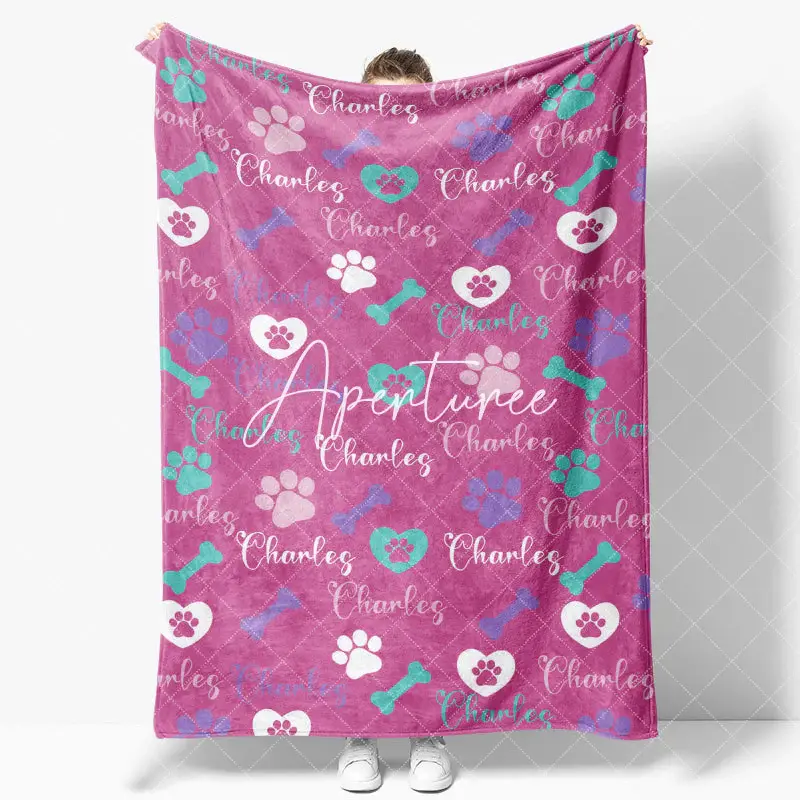 Aperturee Dark Pink Paw Print Bone Custom Pet Name Blanket, 30x40in(76x102cm), 26 USD, pet blankets, YZBD0O63-S