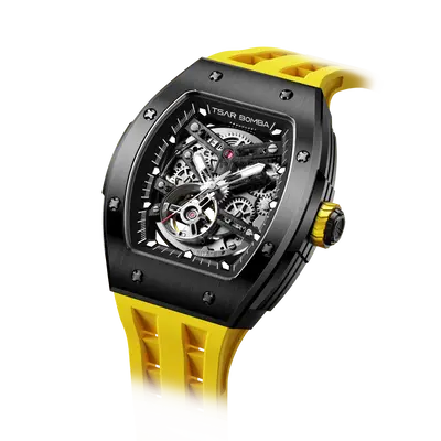 TSAR BOMBA Men's Automatic Watch | Black Yellow | Stainless Steel Case | Japanese Mechanical Skeleton Movement | Luxury Sport...