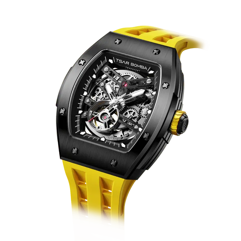TSAR BOMBA Men's Automatic Watch | Black Yellow | Stainless Steel Case | Japanese Mechanical Skeleton Movement | Luxury Sport...