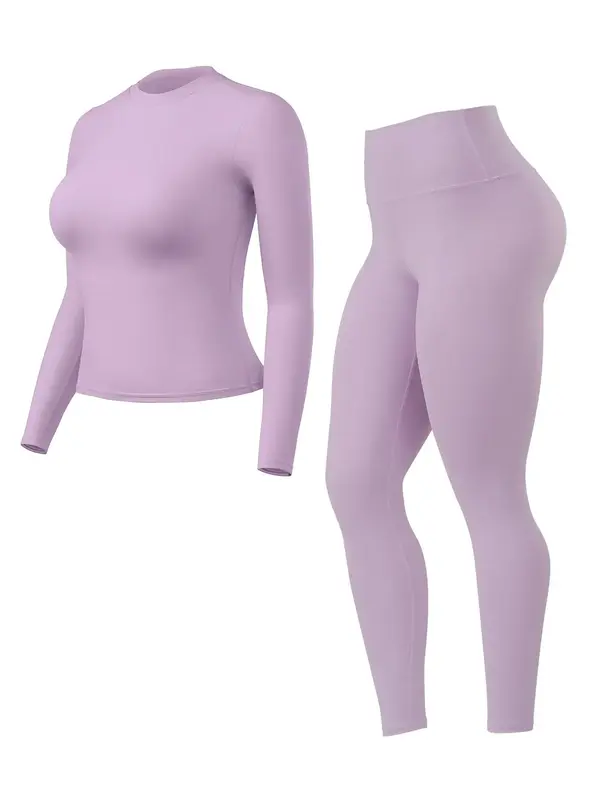 Women's Solid Long Sleeve Tee & High Waist Yoga Leggings Tracksuit Set, Sporty Comfy Breathable Outfits for Yoga Gym Workout ...