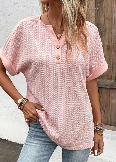 Modlily Dusty Pink Button Short Sleeve Split Neck Blouse - L