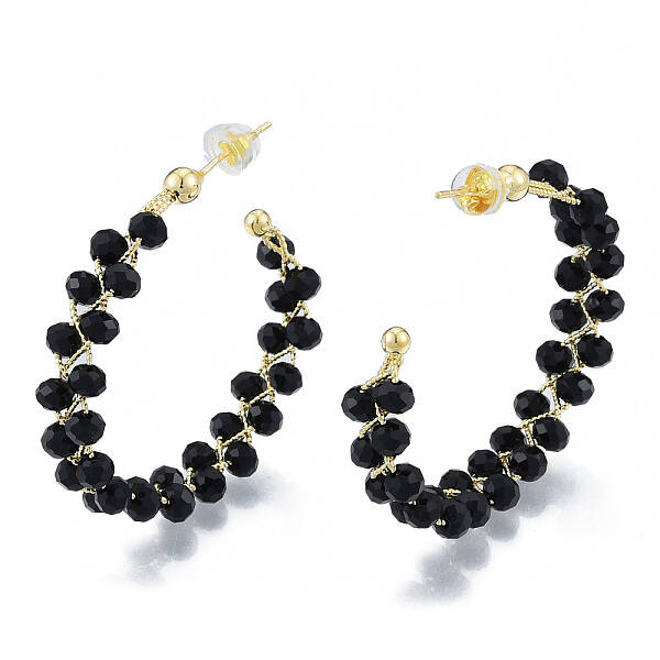 Brass Wrapped Black Glass Bead Stud Earrings for Women