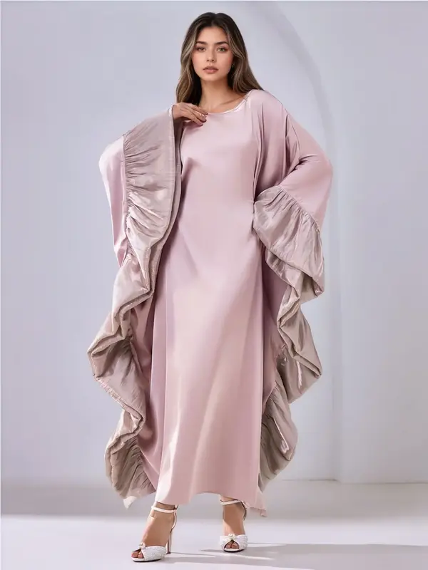 Elegant Muslim Women Batwing Sleeve Patchwork Long Dress, Fashionable Modest Clothing, Perfect for Special Occasions