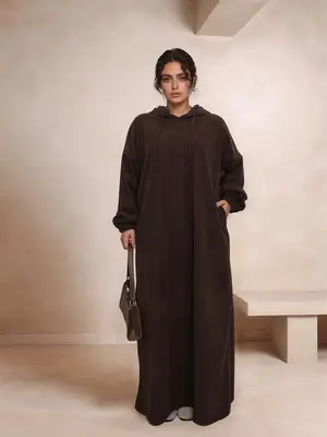 Women's Solid Drawstring Hooded Corduroy Dress, Casual Long Sleeve Dress for Fall & Winter, Women's Islamic Clothing for Dail...