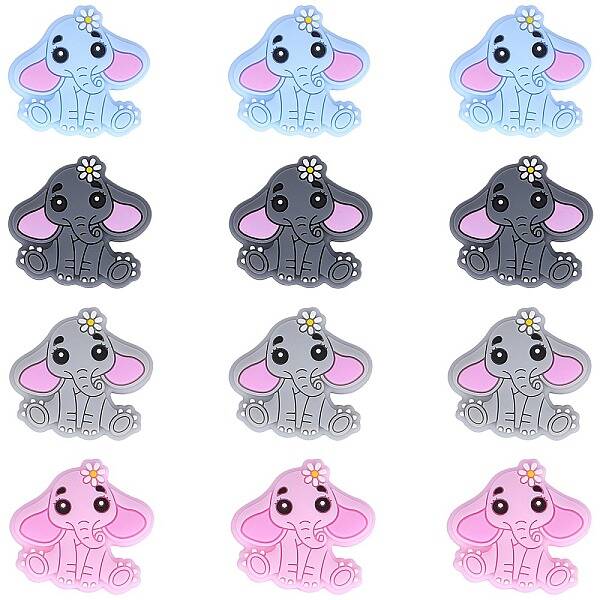 12Pcs 4 Colors Elephant Food Grade Eco-Friendly Silicone Focal Beads