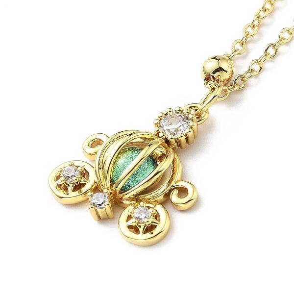 Cubic Zirconia Pumpkin Carriage Pendant Necklace with Synthetic Crystal Beads