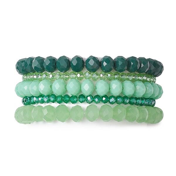 5Pcs 5 Styles Faceted Round Glass Beaded Stretch Bracelet Sets