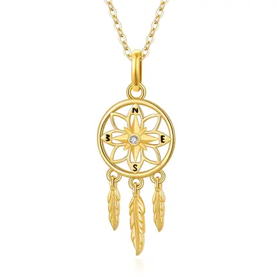 14K Gold Cubic Zirconia Dream Catcher Pendant Necklace