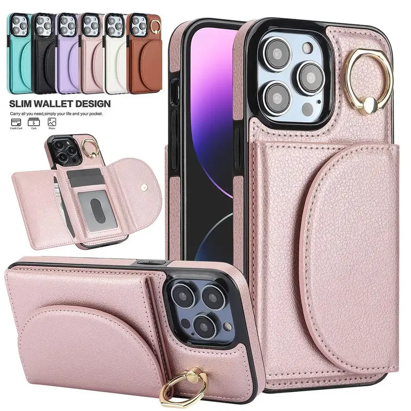 Oceantree Leather Case for iPhone 16 15, Card Pocket&Ring Kickstand Durable Phone Cases for iPhone 16 15 Pro Max 14 13 12 11 ...
