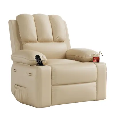 Garvee Manual Recliner Chair Leather Sofa with 2 Cup Holders, Side Pocket, PU Leather, Overstuffed Arms, Iron Frame, Beige - ...