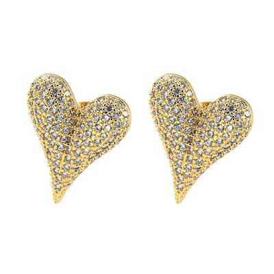 Heart Shape Brass Micro Pave Clear Cubic Zirconia Stud Earrings