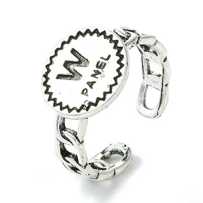 Flat Round with Word W Panel Alloy Open Cuff Finger Ring for Women