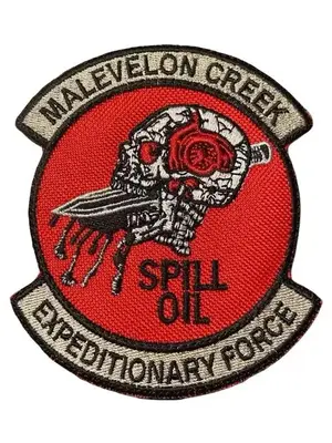 MALEVELON CREEK Patch 3 sizes with Red Background, Skull Design, and Text SPILL OIL EXPEDITIONARY FORCE