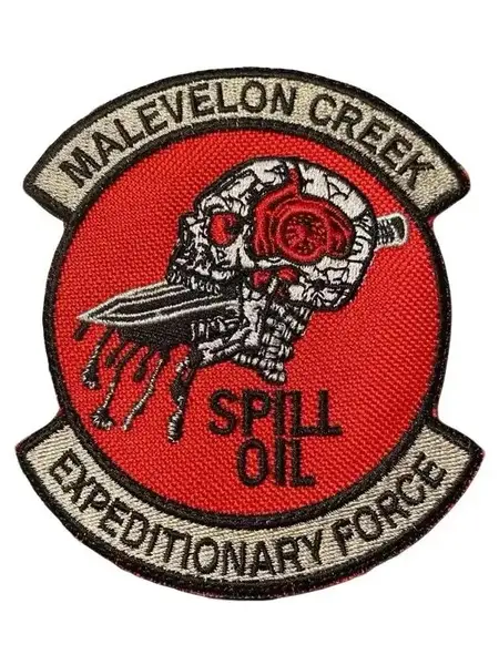MALEVELON CREEK Patch 3 sizes with Red Background, Skull Design, and Text SPILL OIL EXPEDITIONARY FORCE