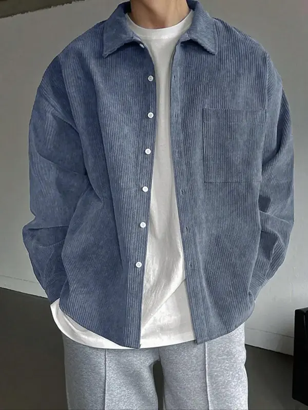 Men's Solid Button Front Corduroy Shirt, Regular Fit Casual Long Sleeve Collared Top for Spring & Fall, Men's Clothes for Dai...