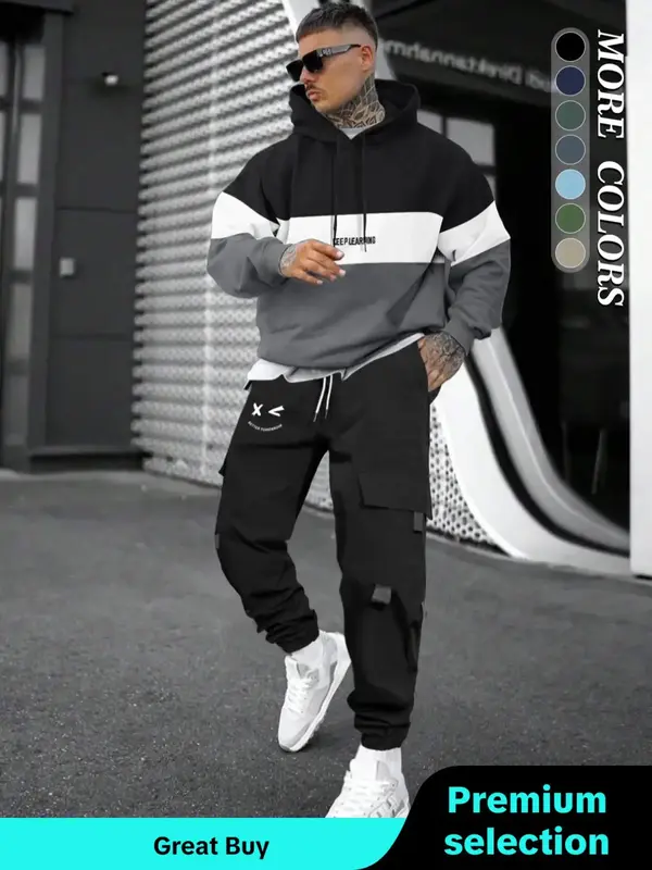 Two-piece Set Men's Colorblock Drop Shoulder Long Sleeve Hoodie & Drawstring Waist Cargo Pants Set, Casual Hooded Sweatshirt ...