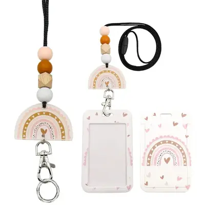 Cute Beaded Decor Business Card Holder with Lanyard, 1 Set Retractable Badge Holder, Portable ID Badge Holder, Business Card ...