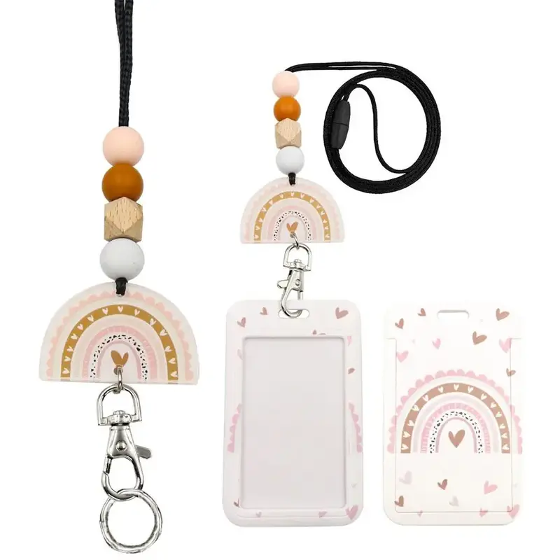 Cute Beaded Decor Business Card Holder with Lanyard, 1 Set Retractable Badge Holder, Portable ID Badge Holder, Business Card ...