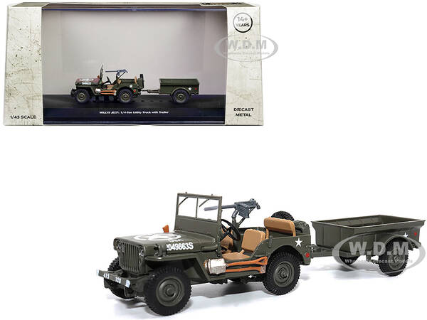 Willys Jeep 1/4-Ton Utility Truck Olive Drab with Trailer United States Army 1/43 Diecast Model by Militaria Die Cast