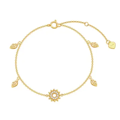 14K Gold Cubic Zirconia Leaves & Sunflower Charm Bracelet