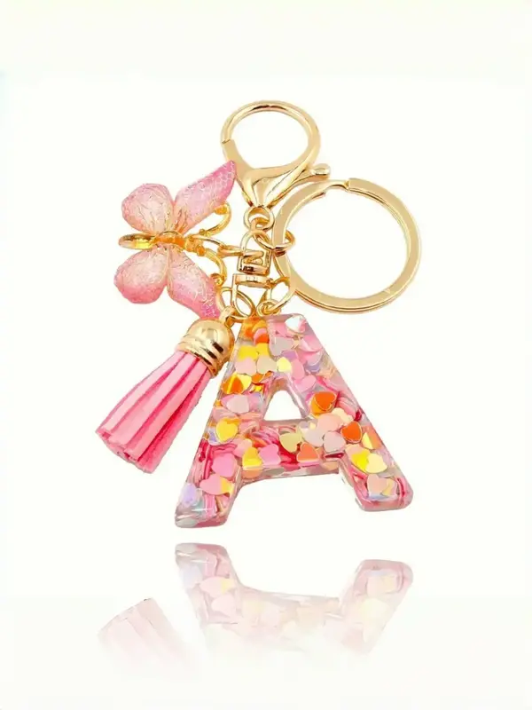 Cute Pink Letter A-Z Keychain, Fashionable Tassel & Butterfly Design Keychain for Women & Girls, Trendy All-match Keychain fo...
