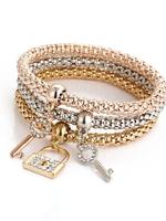 Women's Elegant Rhinestone Decor Lock & Key Charm Bracelets, 3pcs/set Trendy Exquisite Bangle Bracelets, Chic All-match Vinta...