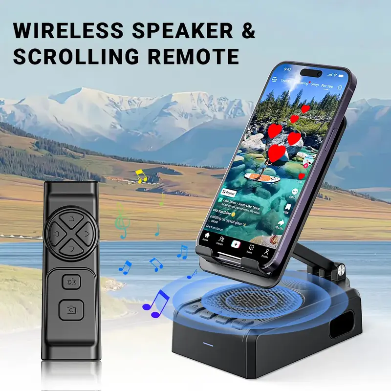 PUTARE Wireless Speaker Cellphone Stand with Remote Control for Tiktok Scrolling, Rechargeable Portable Mobile Tablet Stand, ...