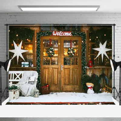 Welcome Wooden Door Store Snowy Christmas Backdrop - Aperturee